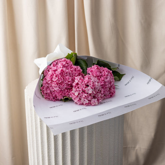 Bouquet of pink flowers wrapped in paper against a beige curtain background
