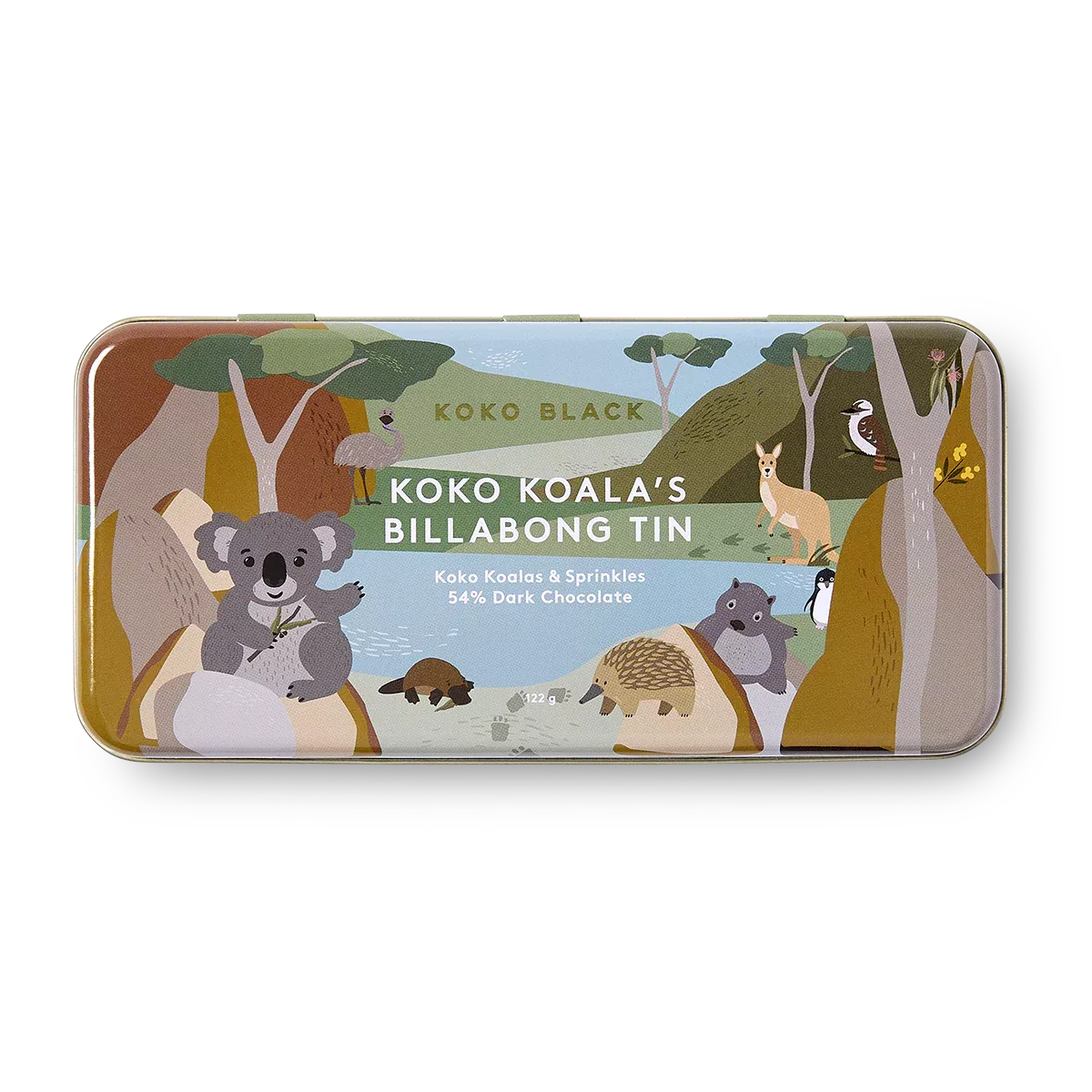 Koko Black Koko Koala's Billabong Tin with Australian animals on a white background