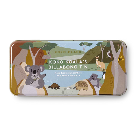 Koko Black Koko Koala's Billabong Tin with Australian animals on a white background