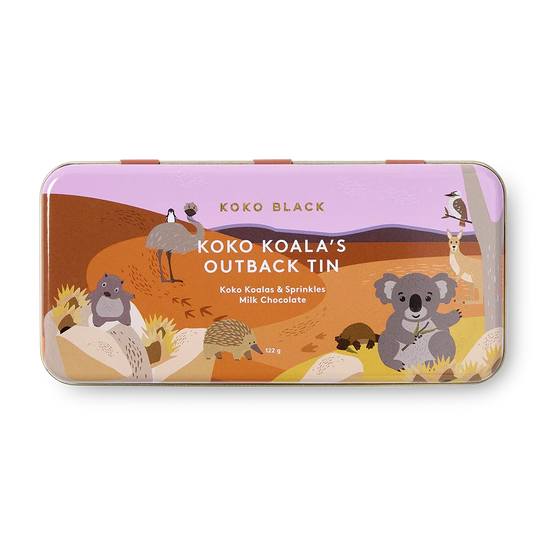 Koko Black Koko Koala's Outback Tin with illustrations of koalas and other Australian animals on a white background.