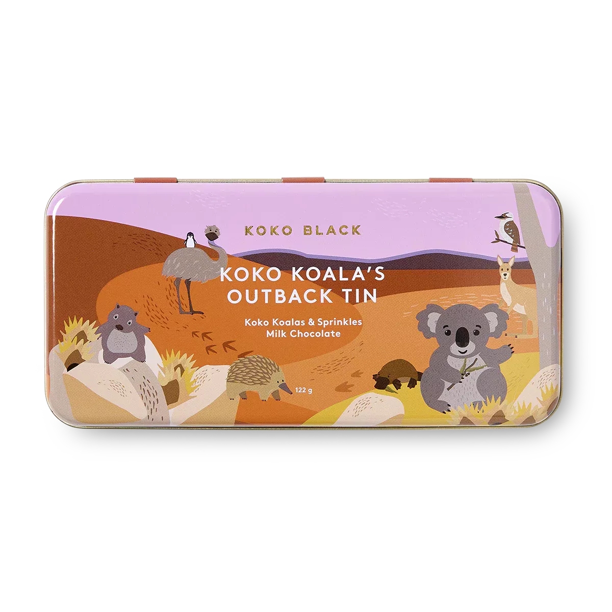 Koko Black Koko Koala's Outback Tin with illustrations of koalas and other Australian animals on a white background.