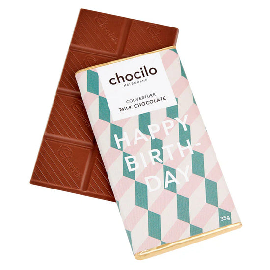 Chocolate bar with a 'Happy Birthday' wrapper on a white background