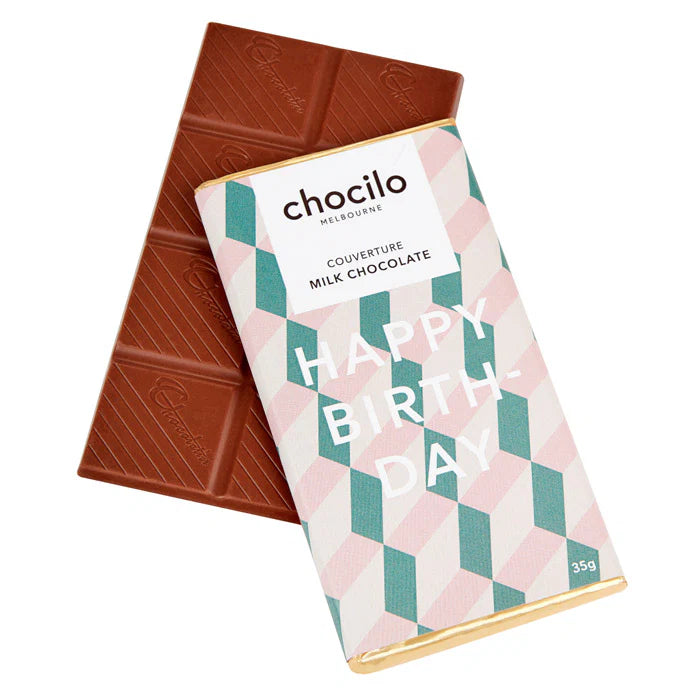 Chocolate bar with a 'Happy Birthday' wrapper on a white background