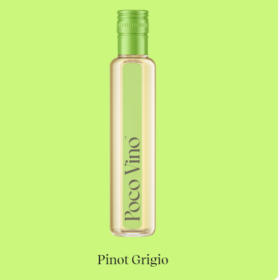 Bottle of Poco Vino Pinot Grigio on a green background