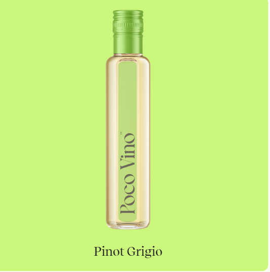 Bottle of Poco Vino Pinot Grigio on a green background