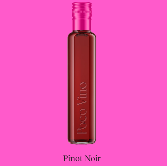 Bottle of Poco Vino Pinot Noir on a pink background