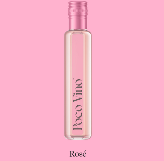 Bottle of Poco Vino Rosé on a pink background