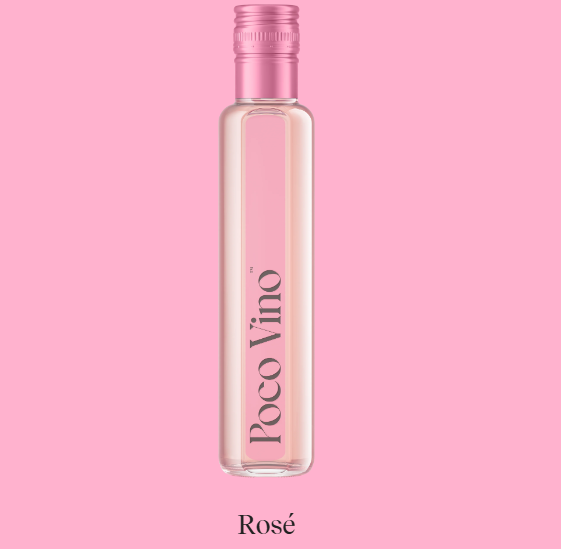 Bottle of Poco Vino Rosé on a pink background