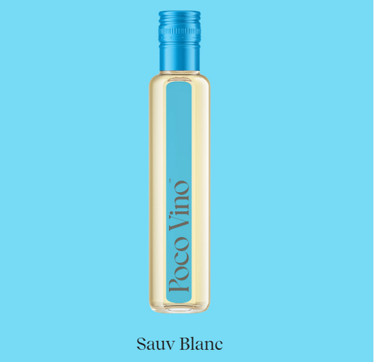 Bottle of Poco Vino Sauv Blanc on a blue background