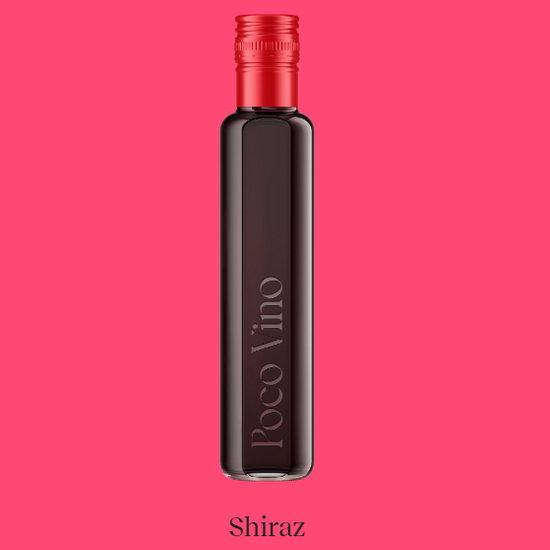 Bottle of Poco Vino Shiraz on a pink background